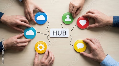 Collaborative digital hub concept showing connected services with depicts multiple hands placing colorful circular icons representing cloud storage