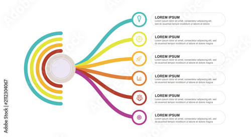 Creative rainbow colored arc line infographic template showing six expanding circular bands connected to business icon text description blocks