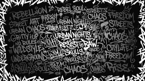 Фотография Gritty urban graffiti wall background, hand-drawn street art typography with reb
