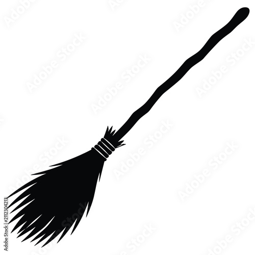 Cuadro en lienzo Witch flaying broom black and white, silhouettes vector