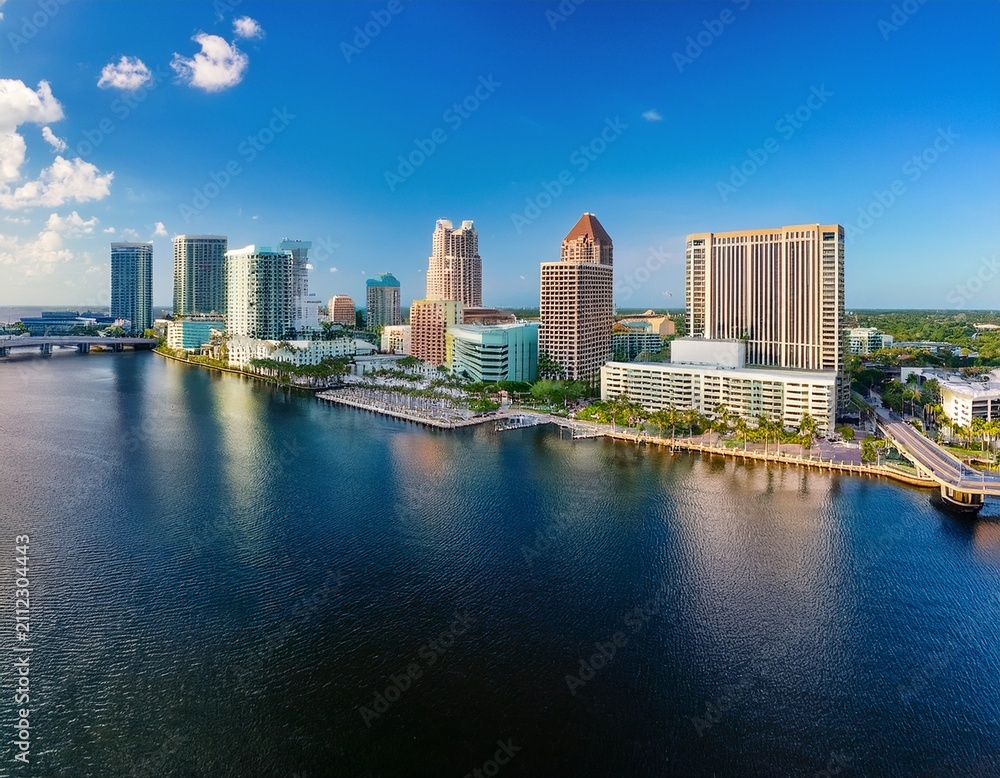 Obraz premium panoramic skyline view of downtown tampa florida overlooking hillsborough bay and the riverwalk tampa florida skyline downtown hillsborough bay riverwalk architecture buildings