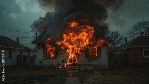 A house on fire with large flames and black smoke rising into the sky. Residential neighborhood with trees and neighboring houses around.