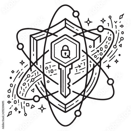 Geometric Cybersecurity Icon with Key, Shield, Atom, and Digital Data Flow