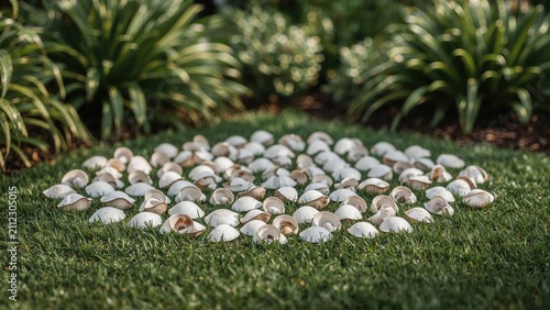 A cluster of seashells on the grass with lush green plants in the background.