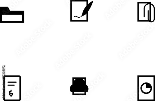 Set of six minimalist icons representing office and document management functions on clean white background