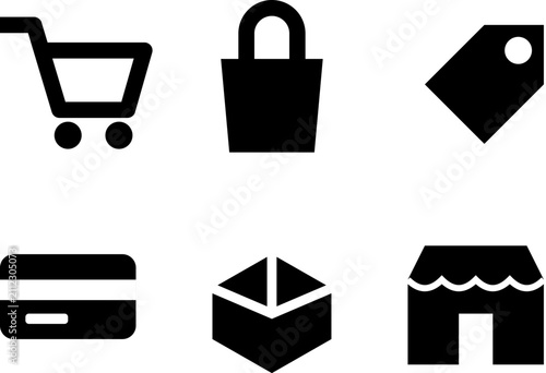 Set of six simple shopping and delivery related icons featuring shopping cart bag lock price tag box and storefront