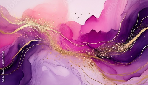 abstract purple and pink watercolor background with gold glitter