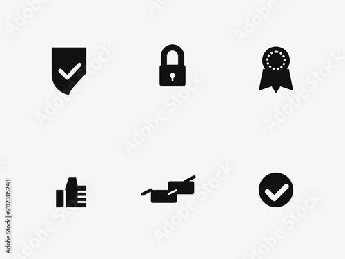 Set of six simple black icons featuring checkmarks shield lock ribbon hand thumbs up and shopping bag symbols