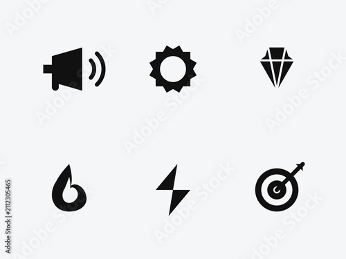 Set of six minimalist icons featuring speaker sound wave lightning bolt sun target and abstract geometric shapes