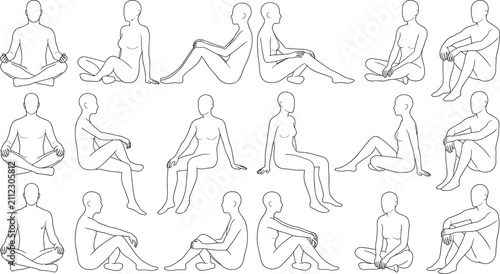 Male and Female Sitting Poses Line Art Vector Illustration Set for Anatomic Model Practice