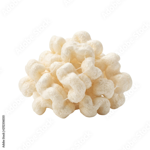 Cluster of white biodegradable cornstarch packaging peanuts