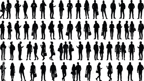 Large Set of People Silhouettes Walking Standing Talking and Using Smartphones Vector Illustration