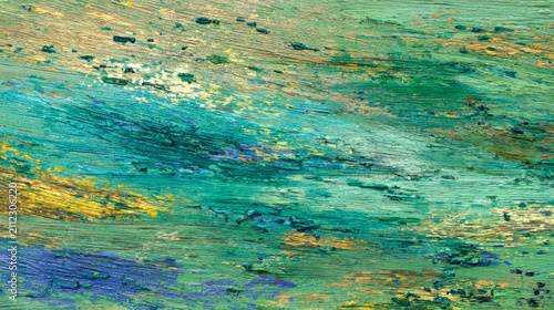 This work features an abstract landscape with swirl patterns in green, gold, and blue