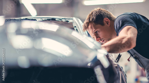 Automotive worker analyzes car body damage in a garage with soft workshop lighting