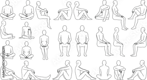 Male and Female Sitting Poses Line Art Vector Illustration Set for Anatomic Reference