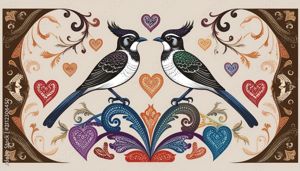 Naklejka premium Traditional Batik Pattern with Two Birds and Colorful Hearts Ornament