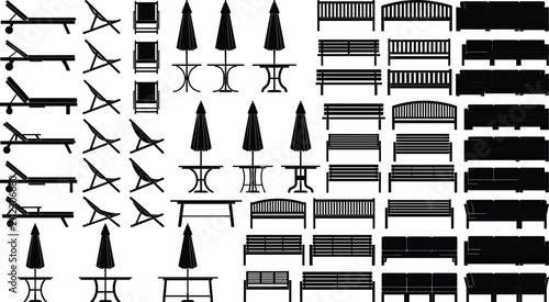 Outdoor Furniture Silhouette Vector Collection Featuring Sun Loungers Patio Tables Umbrellas and Benches