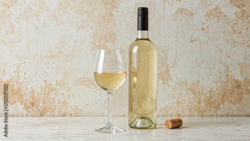 A bottle of white wine, a glass filled with white wine, and a cork on a light-colored surface with a textured beige background.