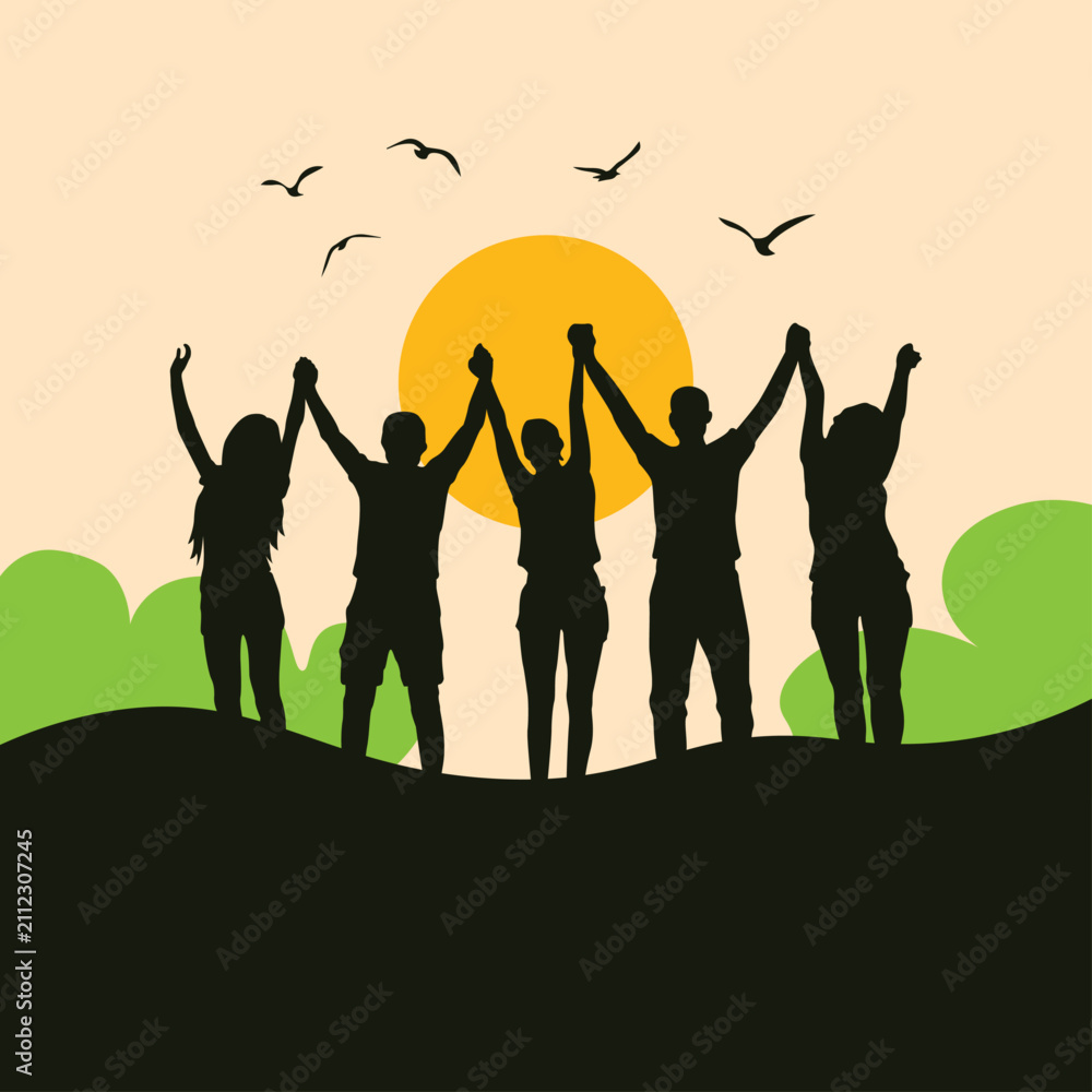 Fototapeta premium Happy Youth Silhouettes Celebrating Friendship Together During Beautiful Sunset Scene