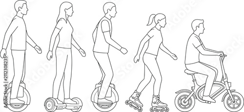 People Riding Personal Electric Transport Vehicles and Roller Skates Line Art Vector Illustration Set