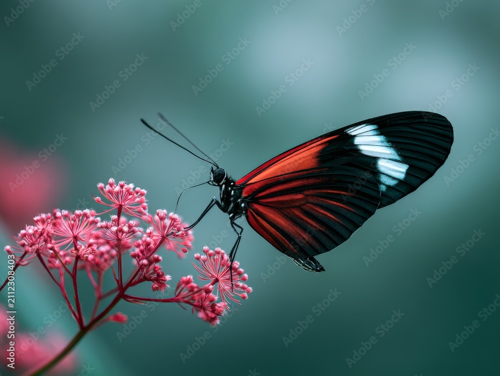 Naklejka premium Tropical Butterfly on Exotic Flower with Rainforest Background