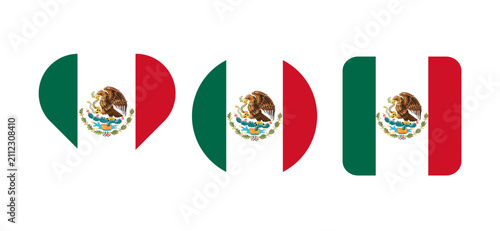 Mexico flag icon set. Heart, circle and rounded square icons with Mexican national flag isolated on transparent background. Flat vector illustration