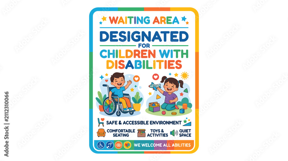 Fototapeta premium Inclusive Waiting Area Sign for Children with Disabilities Vector Illustration