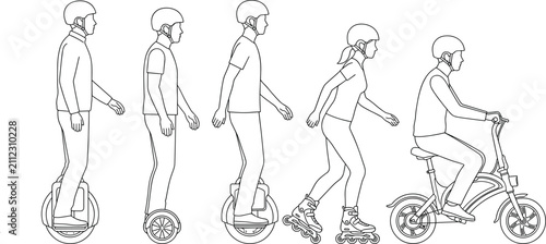 People Wearing Helmets Riding Electric Personal Transport and Roller Skates Vector Line Art Illustration