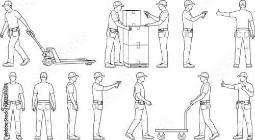Warehouse Workers and Logistics Staff Line Art Vector Set Pulling Pallet Jacks and Scanning Packages