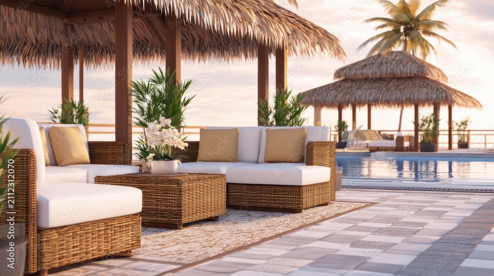 Fototapeta premium A tranquil outdoor lounge setting with stylish seating, tropical plants, and a serene pool view