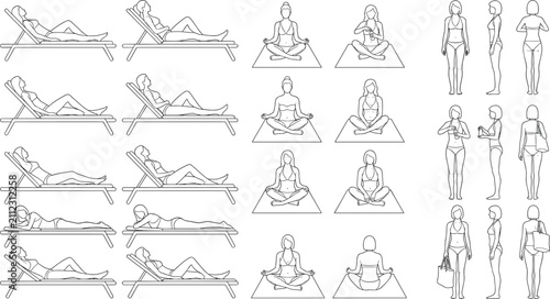 Women Sunbathing Relaxing on Loungers and Meditating on Towels Line Art Vector Illustration Set