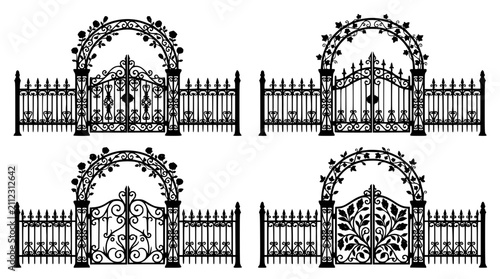 Bild auf Leinwand Collection of Four Ornate Black Wrought Iron Gates with Decorative Arches and Pi