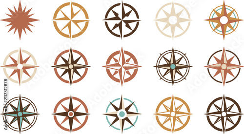 Foto A collection of fifteen diverse vintage style compass rose illustrations arrange