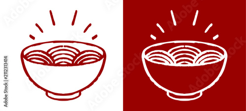 Noodle bowl ramen doodle illustration showcases cute hand drawn Asian food meal element. Simple kawaii hot soup bowl graphic for kids sticker t-shirt print layout clip art.