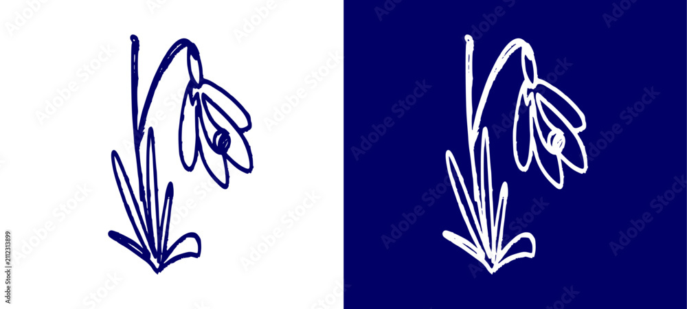 Obraz premium Snowdrop flower doodle illustration features cute hand drawn garden plant element. Simple kawaii floral spring bloom icon graphic for kids sticker t-shirt print layout clip art.