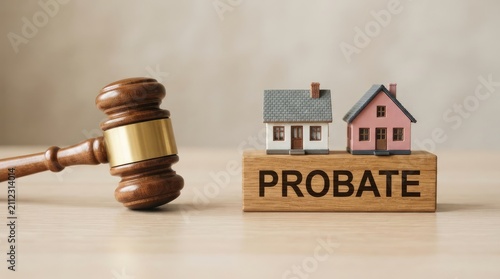 Legal probate process involving miniature residential properties under judicial gavel with set against softly blurred neutral background under even studio lighting