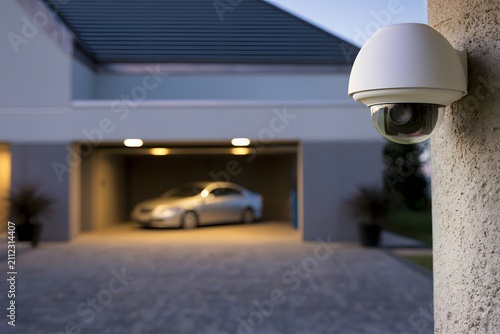 CCTV dome camera mounted on house wall. Security surveillance system monitoring home garage.