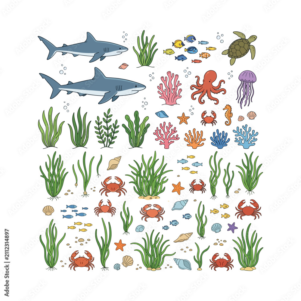 Obraz premium Collection of marine life, coral reefs, and aquatic plants on a white background, illustrating an underwater ecosystem