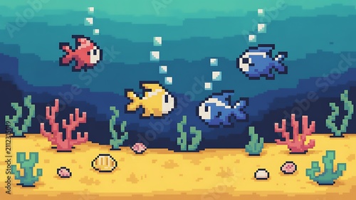 8-bit pixel art underwater with fish and sand background illustration 