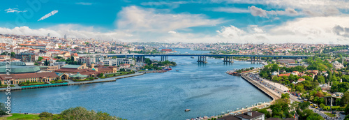 panoramic aerial view of Golden Horn and Haliç Bridge with Halic Congress Center in İstanbul, Turkey