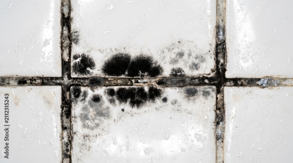 Obraz premium Black mold and mildew on white bathroom tile grout