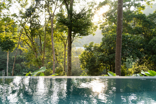 Sunlit infinity pool surrounded by lush tropical rainforest, with vibrant green foliage and warm morning light creating a serene luxury retreat in nature