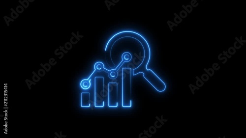 glowing neon business data graph bar analysis by magnifying glass icon. business growth concept animation magnifying glass with data analysis icon. 4k video animation.