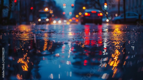 Rainy city street with car headlights reflecting on wet road.