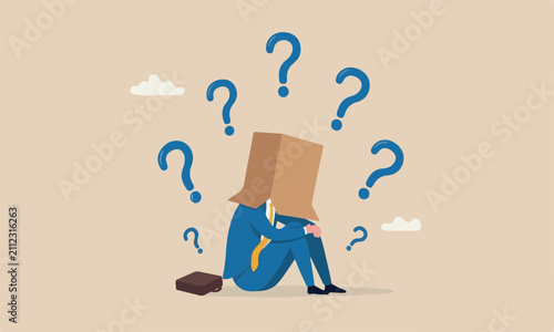 Business failure mistake or misfortune and unlucky, bankruptcy or fail entrepreneur concept, depressed businessman sitting covered his head with box, shameful cannot face people or society
