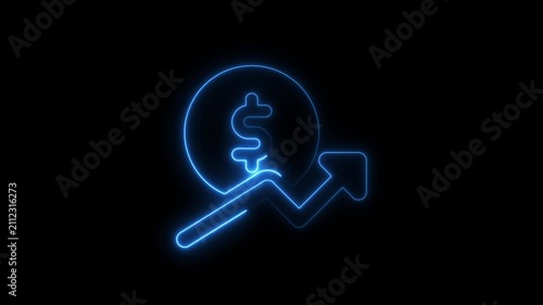  Neon line of Dollar sign with up arrow icon on black background. Abstract neon line business graph animation.