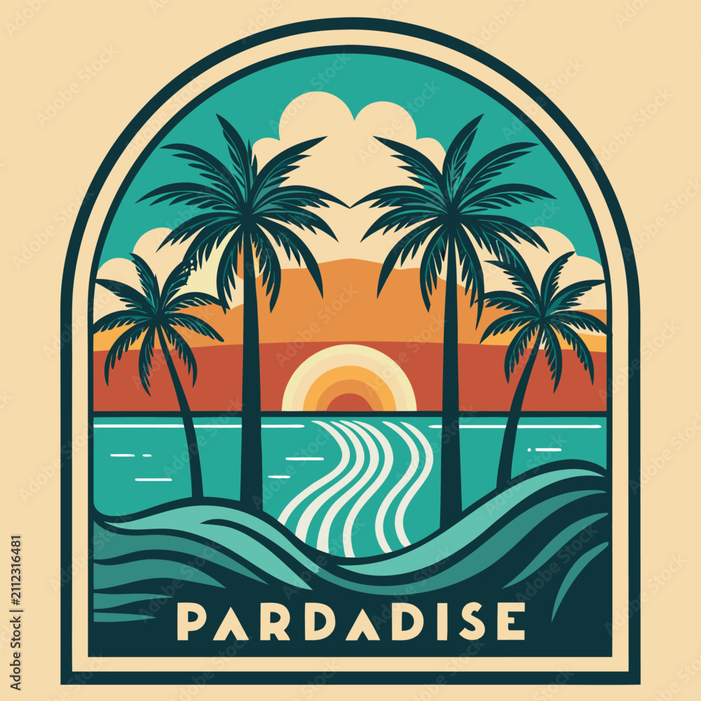 Fototapeta premium Tropical Summer Beach Background with Palm Trees Ocean Sunset and Sandy Island Paradise Vector Illustration for Travel Vacation Holiday Design