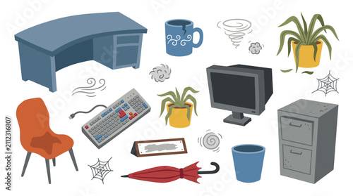 Set of office furniture and dusty abandoned workplace items, desk chair monitor and keyboard in messy room, interior clutter renovation cleanup