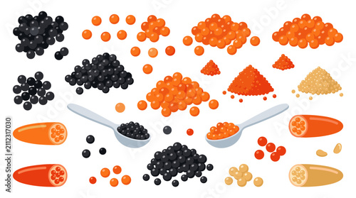Set of black and red caviar piles, serving spoons, sushi ingredients, gourmet seafood delicacy, restaurant menu illustration, luxury food texture