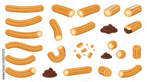 Set of churros in various shapes with chocolate dipping sauce and crumbs, delicious sweet fried dough pastry for bakery menu and food illustration